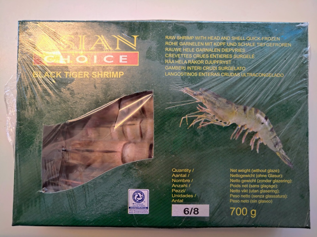 [DAIR-3057] 6/8 Black Tiger Shrimp W/Head And Shell Quick-frozen Asianchoice 1kg